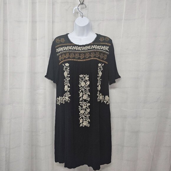 Knox Rose Black Embroidered Shift Dress Floral Boho Retro Festival M - Picture 1 of 13